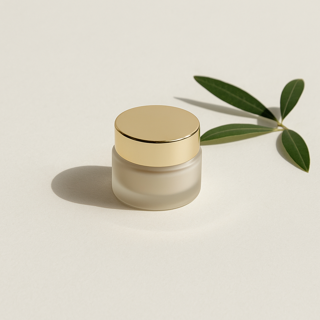 Skincare jar with gold lid on a light beige background with a green leaf